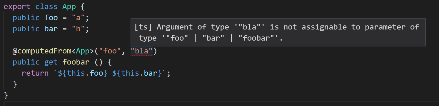 screenshot of error: Argument of type bla is not assignable to parameter of type foo | bar | foobar
