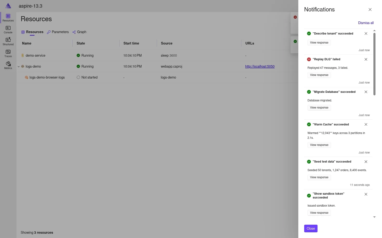 Notification center panel with four command results light