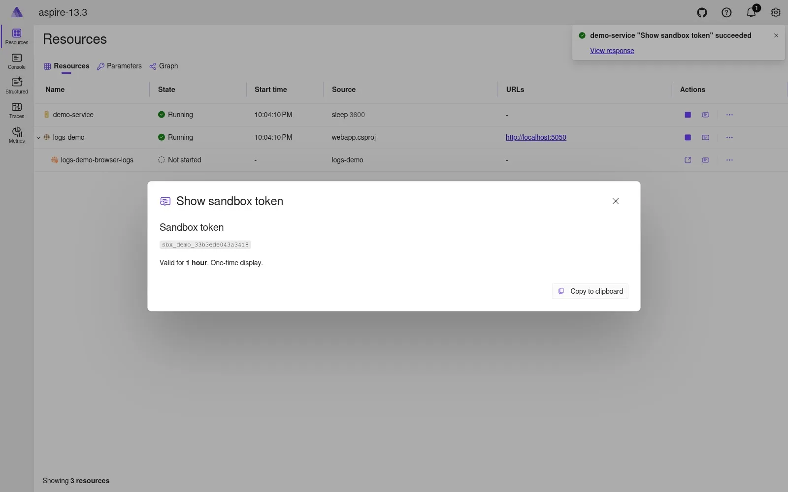 Show sandbox token command auto-popping its result dialog light