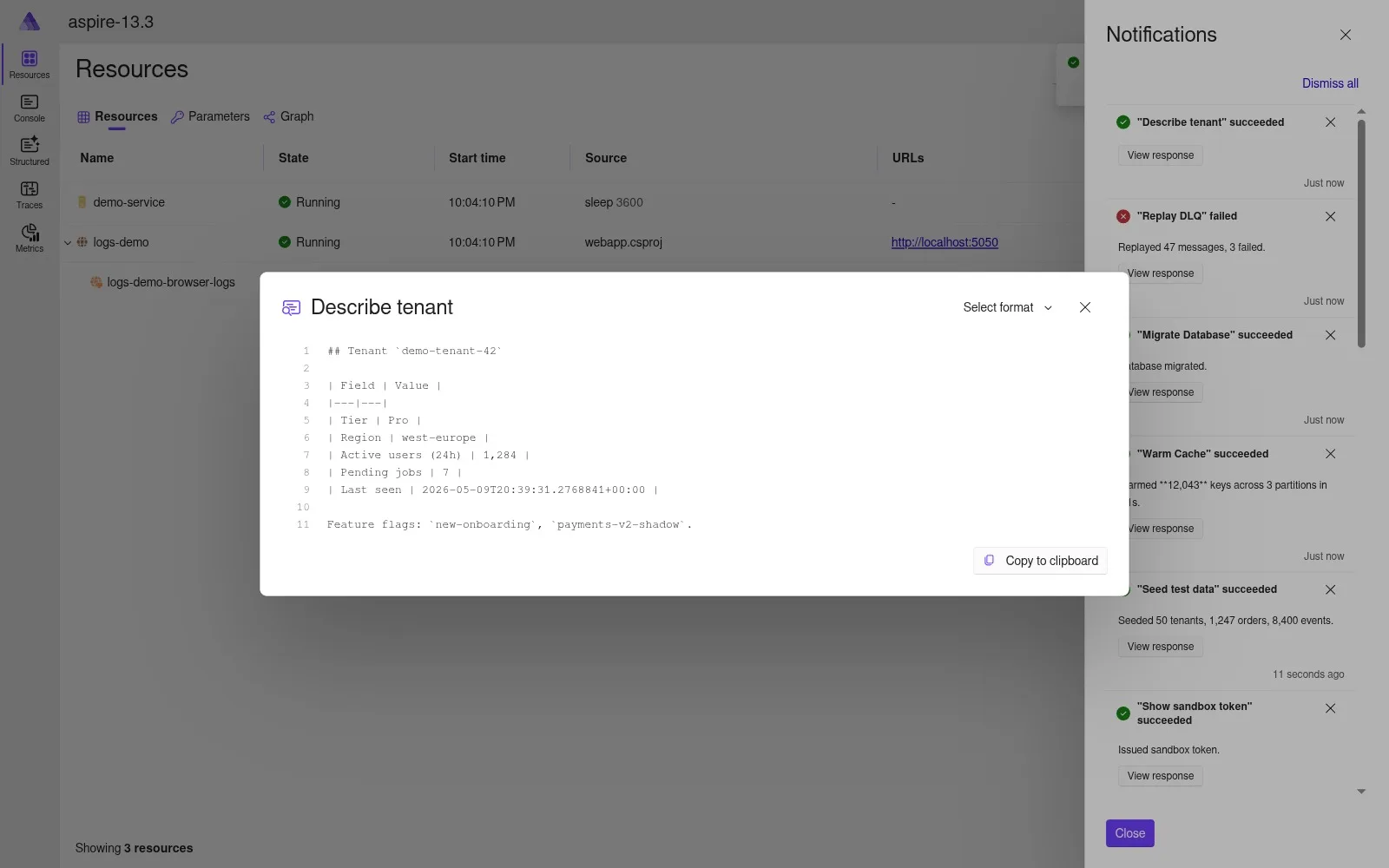 Describe tenant HTTP command response rendered in the bell detail dialog light