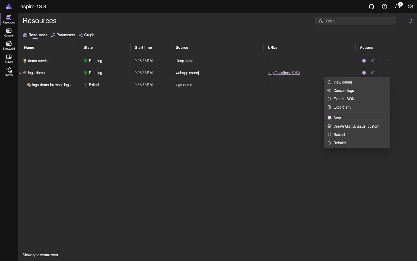 Parent resource actions menu with the custom Create GitHub issue command dark