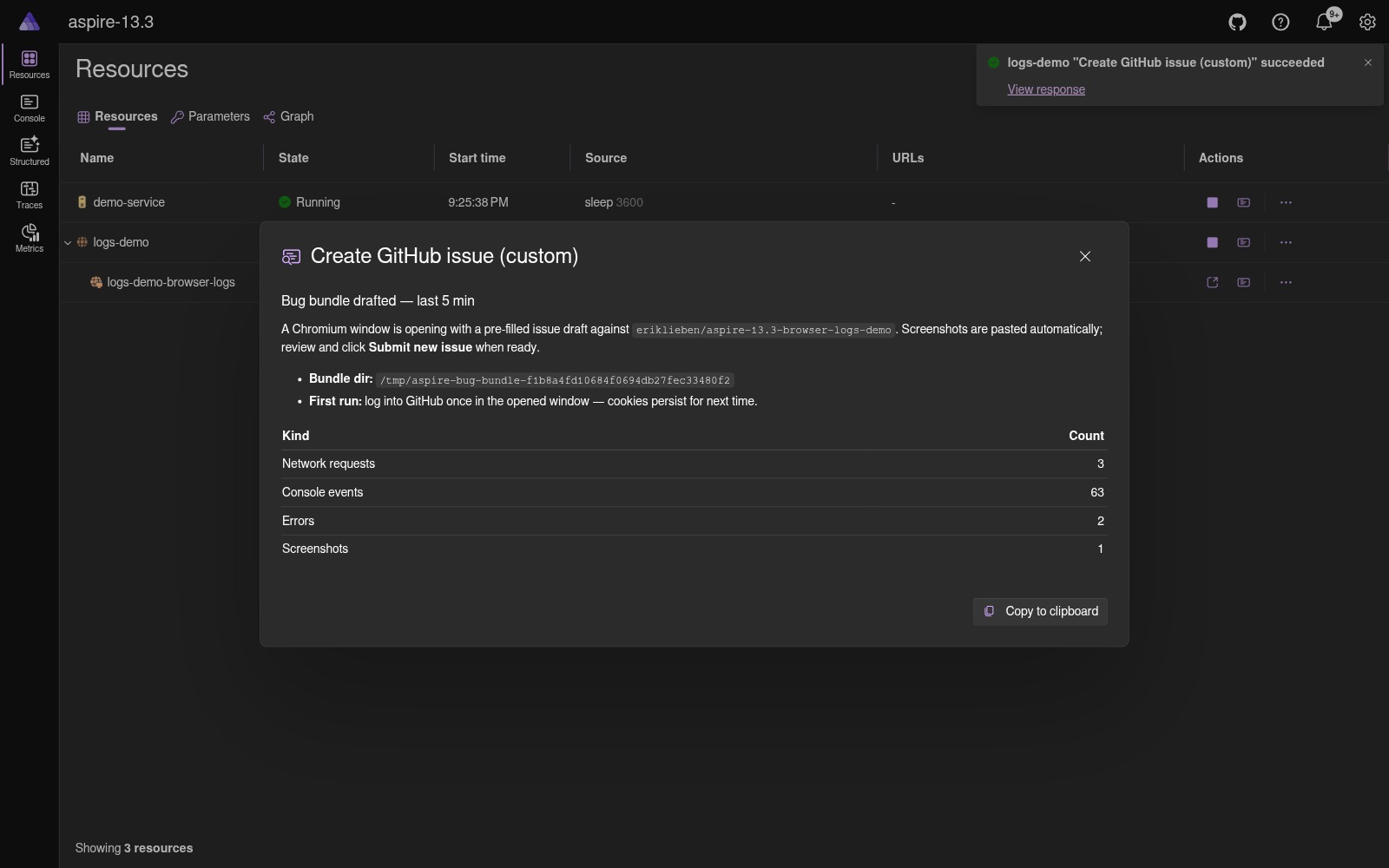 Custom Create GitHub issue command DisplayImmediately dialog with markdown body dark