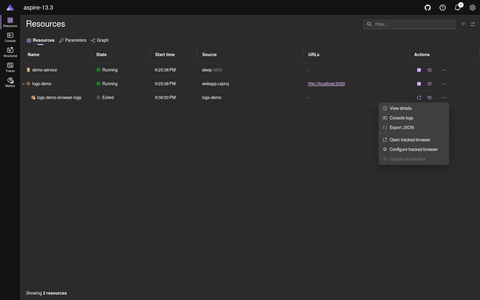 Child resource actions menu showing Open tracked browser, Configure tracked browser and Capture screenshot dark