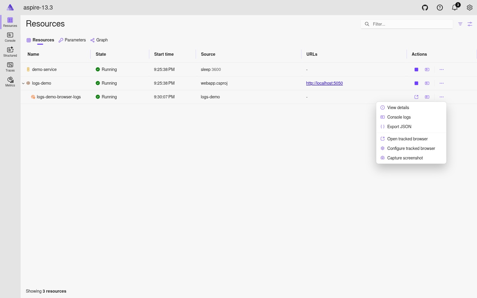 Child resource actions menu showing Open tracked browser, Configure tracked browser and Capture screenshot light