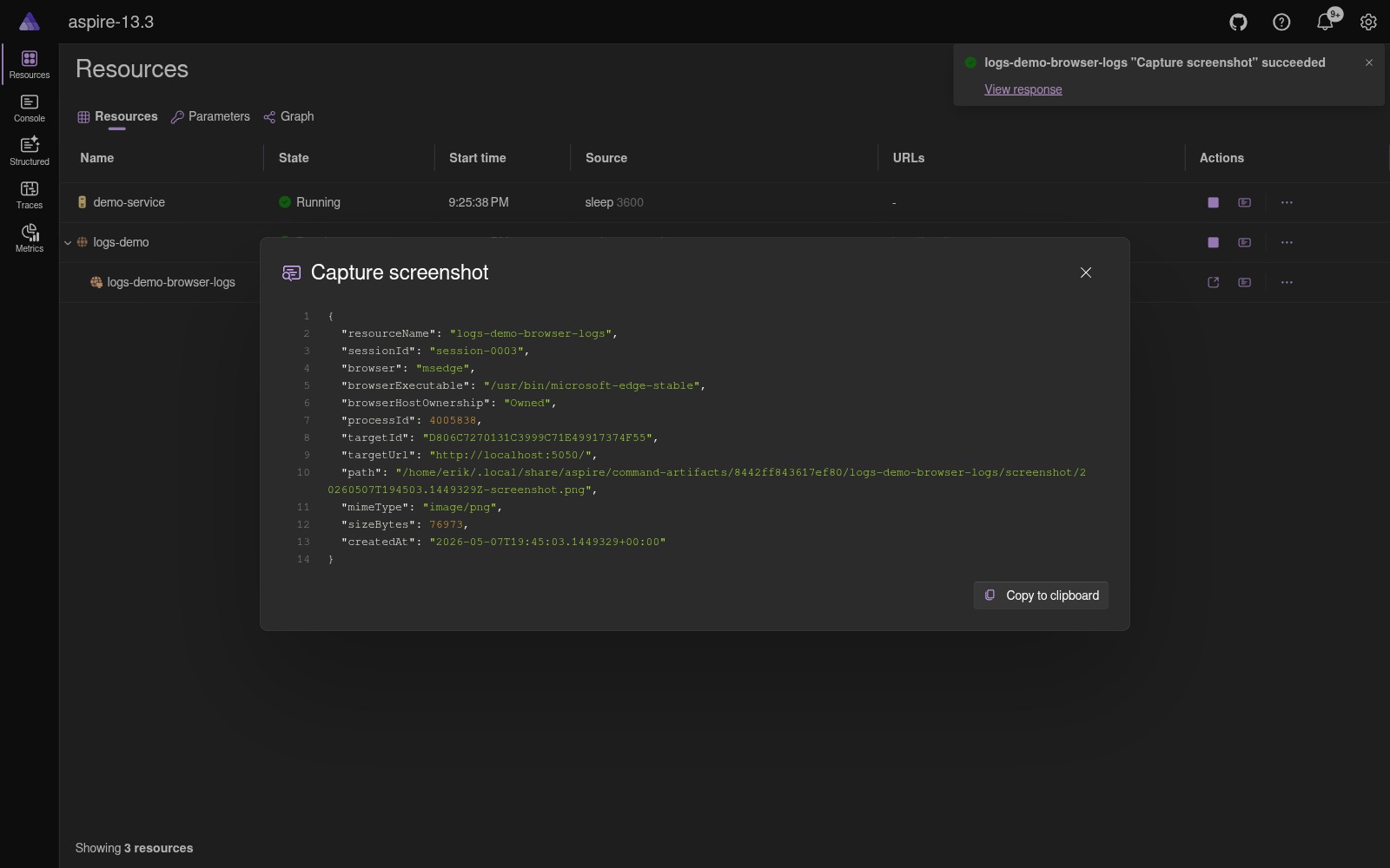 Capture screenshot DisplayImmediately dialog with structured JSON record body dark