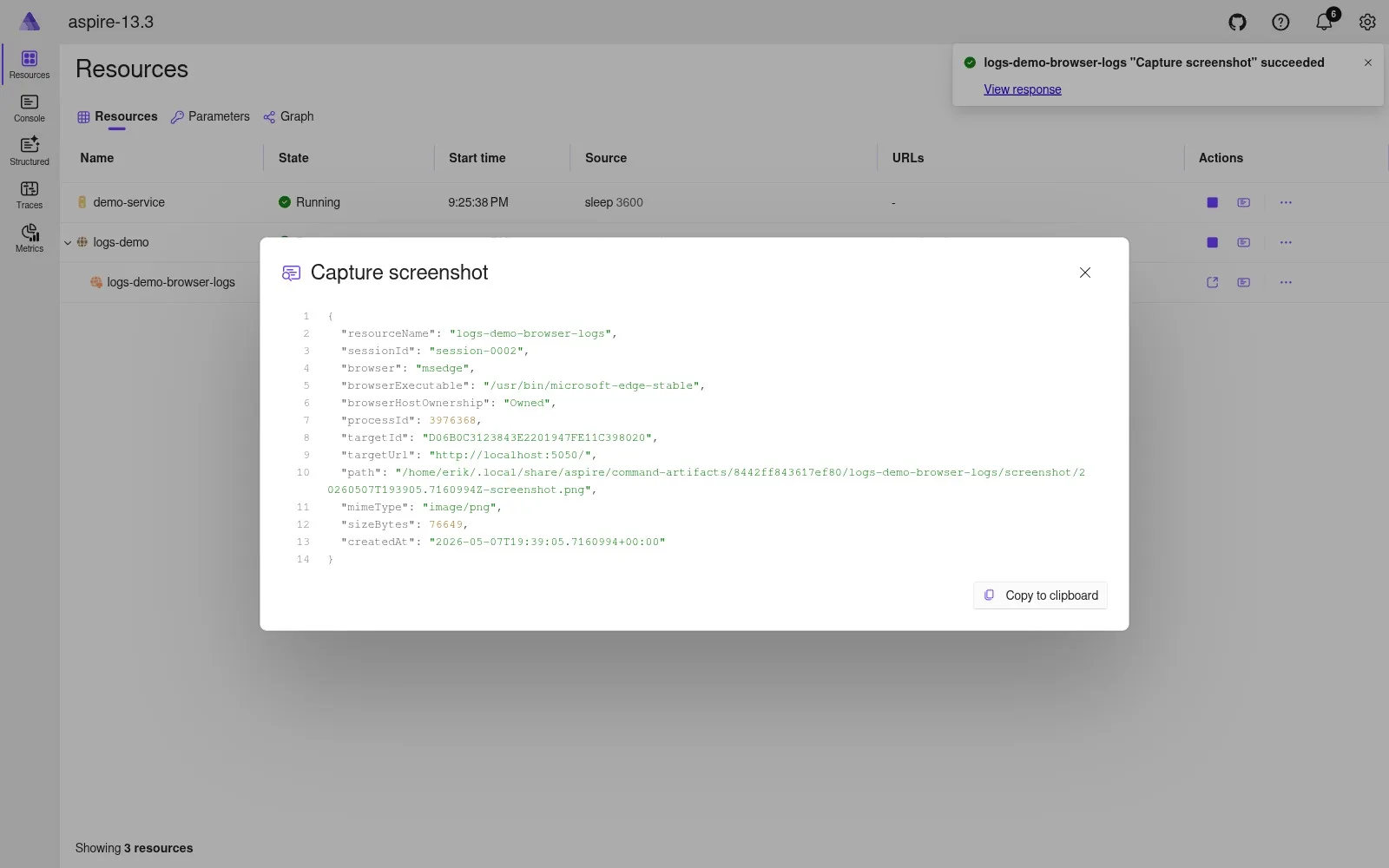 Capture screenshot DisplayImmediately dialog with structured JSON record body light