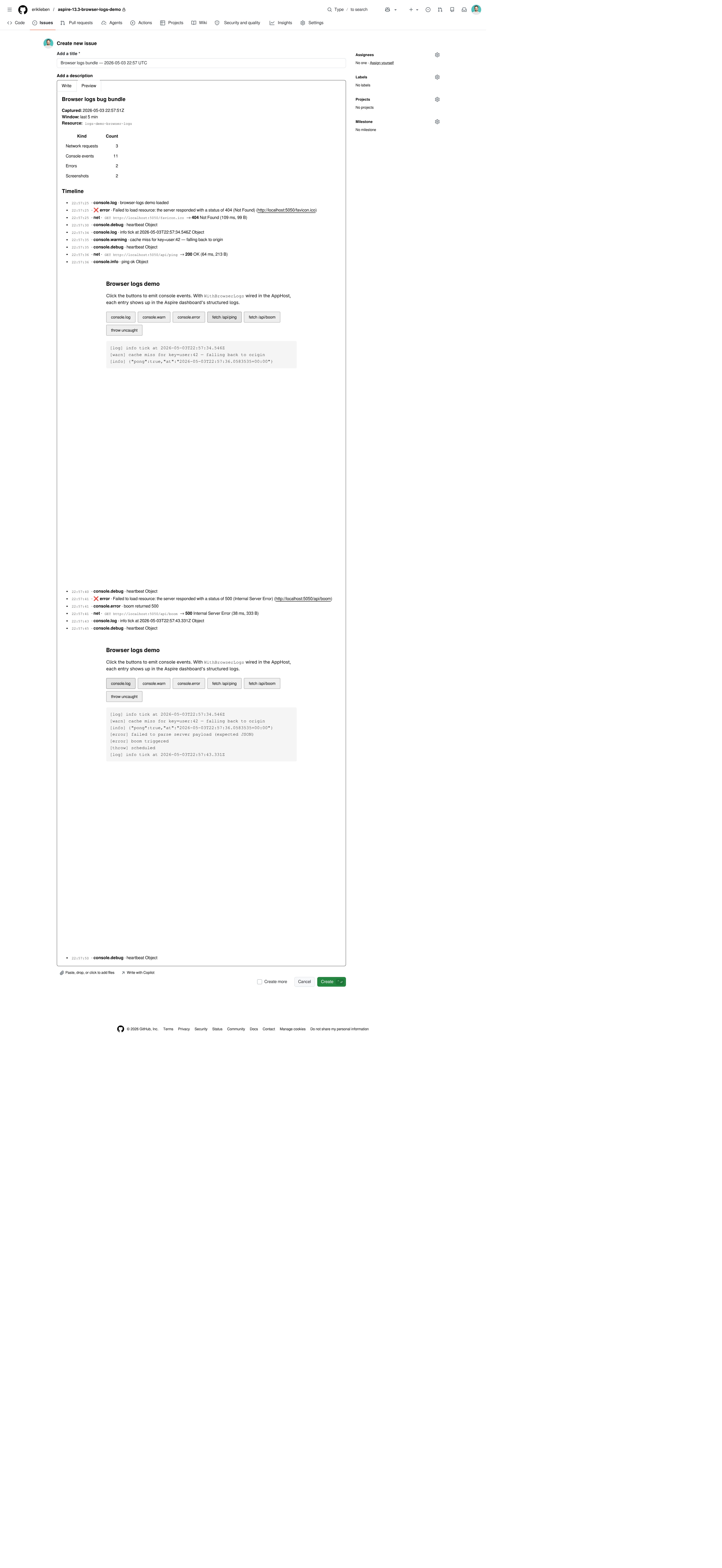 Auto-filed GitHub issue with interleaved timeline and inline screenshots light