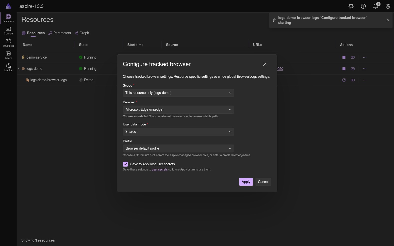 Configure tracked browser dialog with Scope, Browser, User data mode, Profile, Save to AppHost user secrets dark