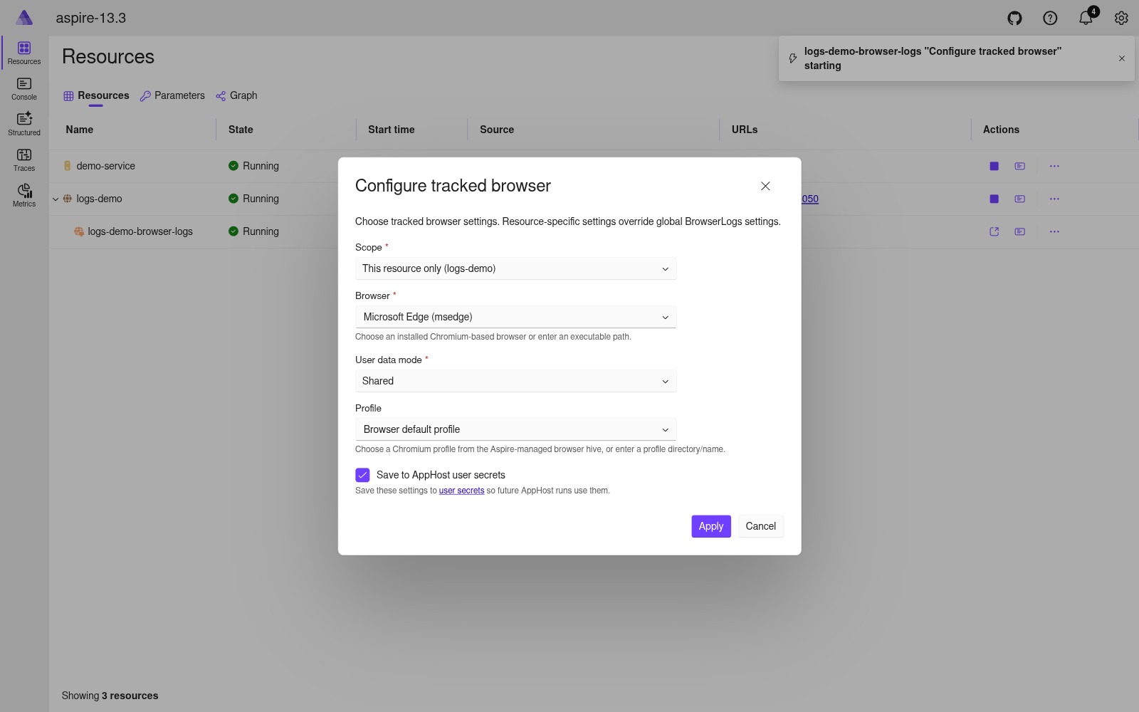 Configure tracked browser dialog with Scope, Browser, User data mode, Profile, Save to AppHost user secrets light