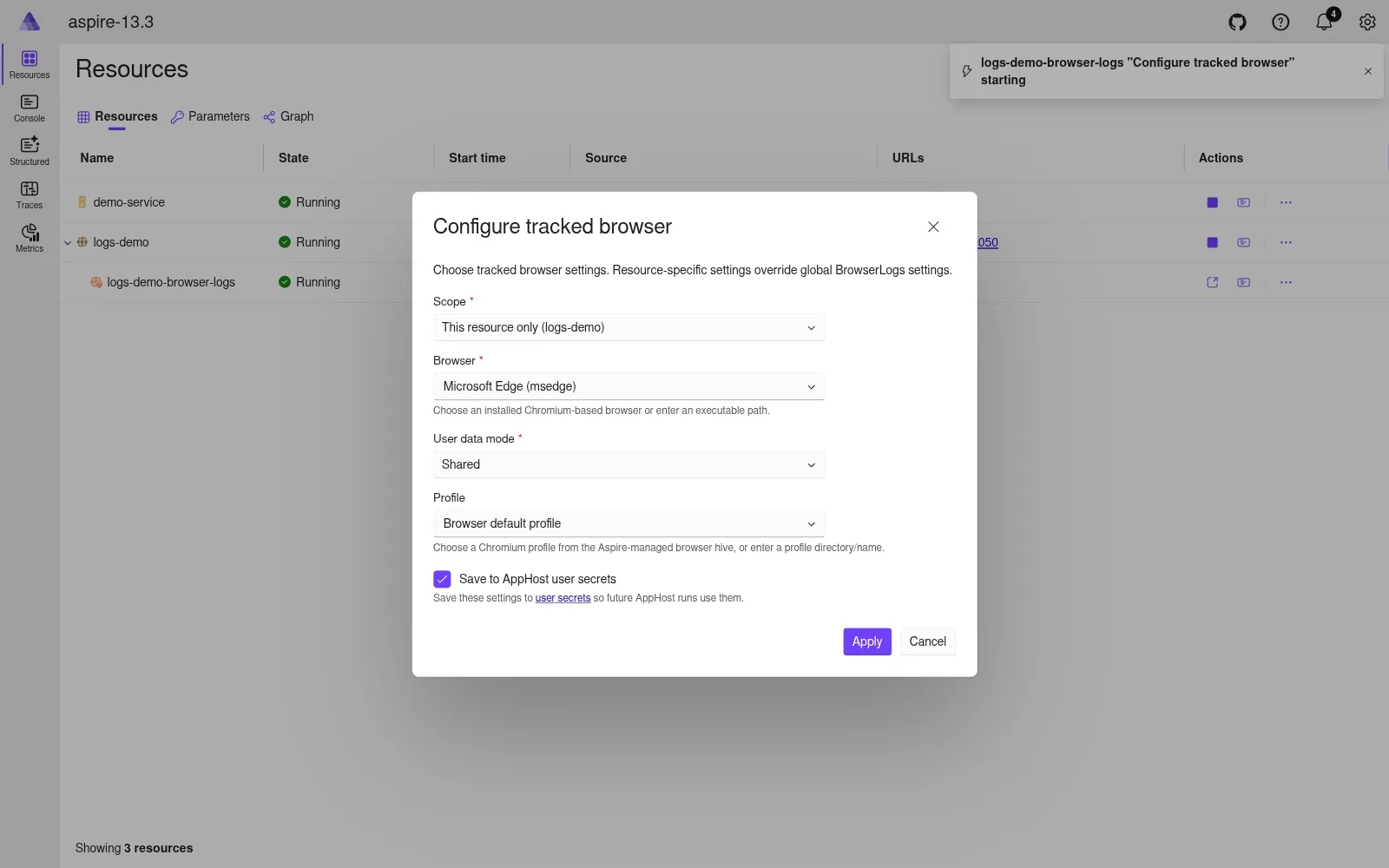 Configure tracked browser dialog with Scope, Browser, User data mode, Profile, Save to AppHost user secrets light