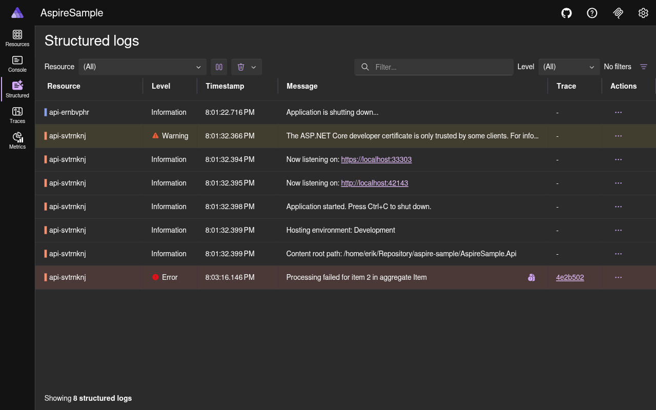 Structured logs showing error severity entries dark