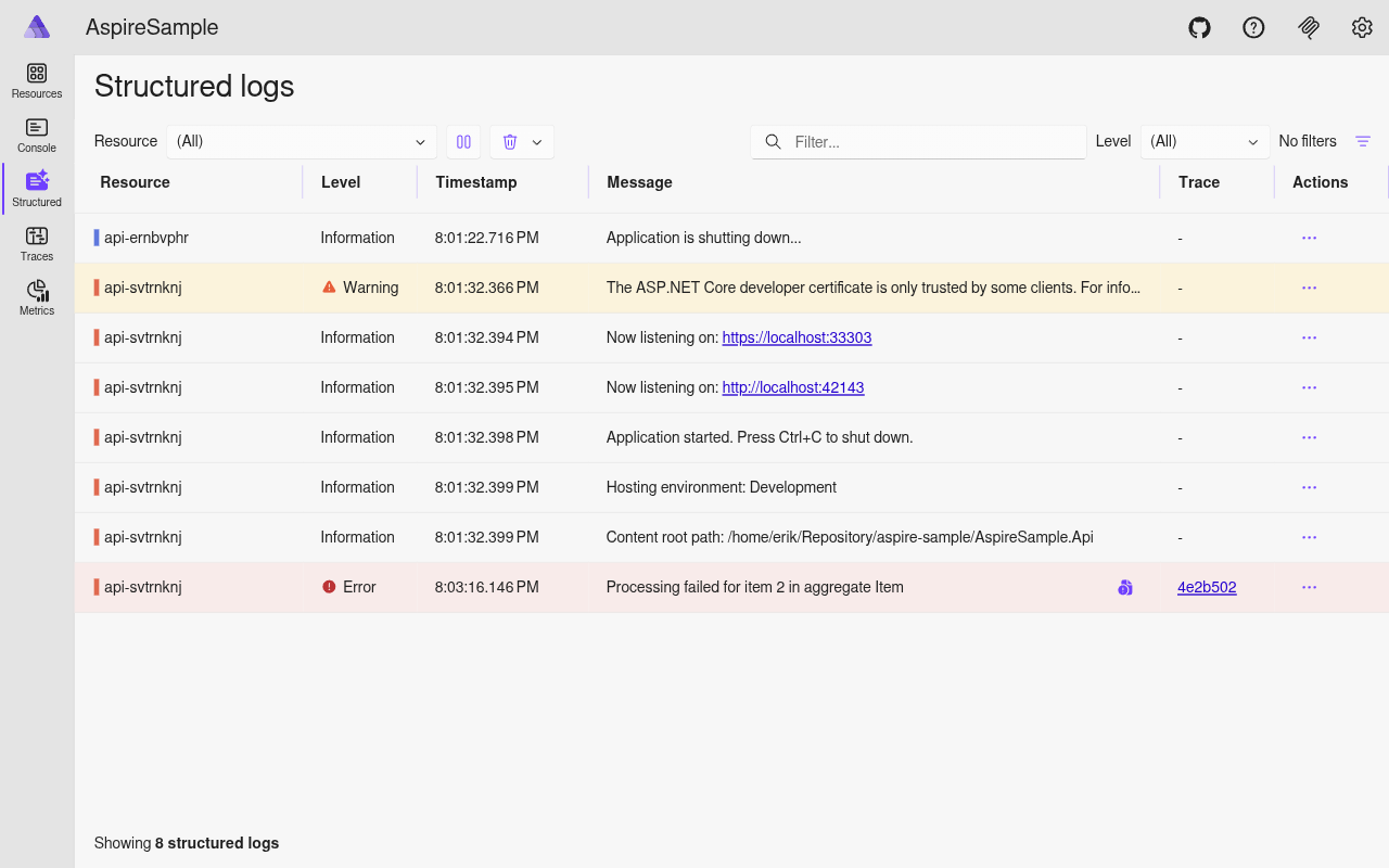 Structured logs showing error severity entries