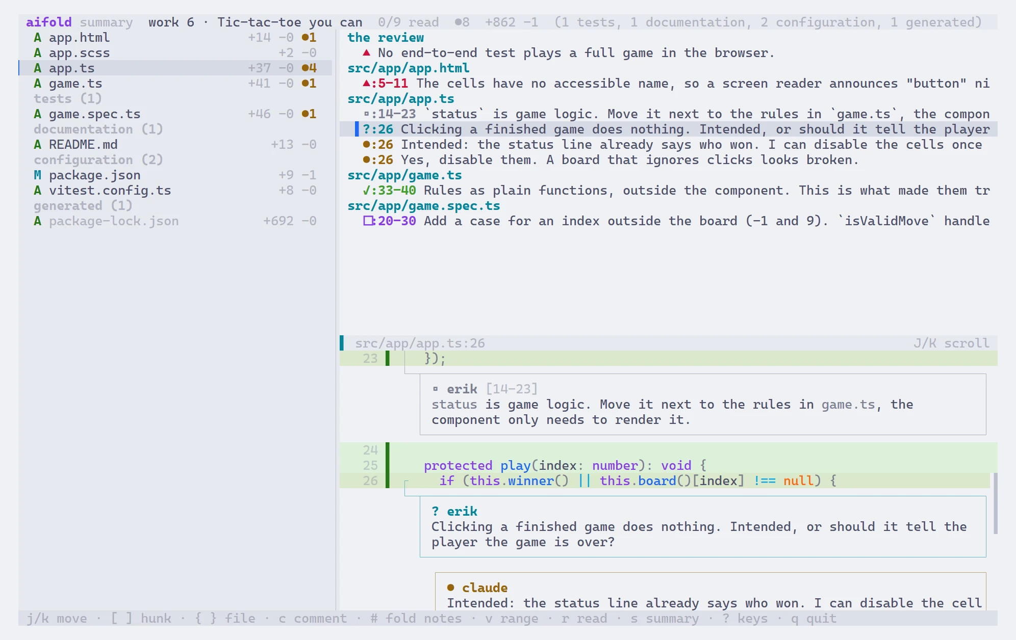 The review summary: every note grouped by file, with the code the selected note is about underneath