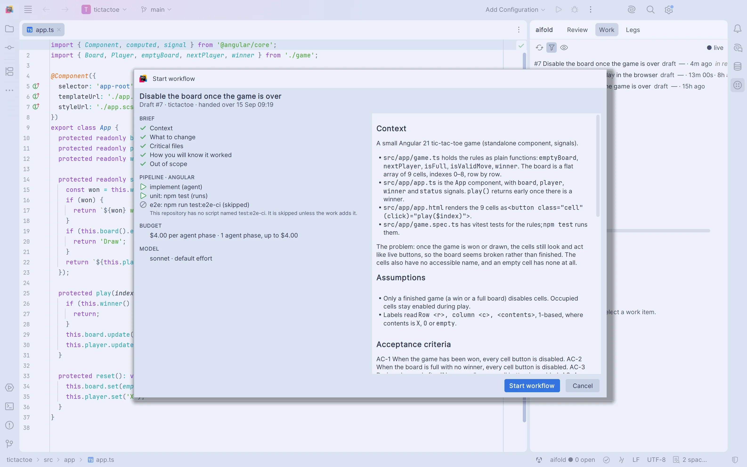 The Start workflow dialog in JetBrains Rider for draft 7, Disable the board once the game is over: all five brief sections ticked, the angular pipeline with implement and the unit check running and the end-to-end check skipped because the repository has no test:e2e-ci script, a budget of $4 per agent phase, the sonnet model, the rendered brief beside it, and a Start workflow button