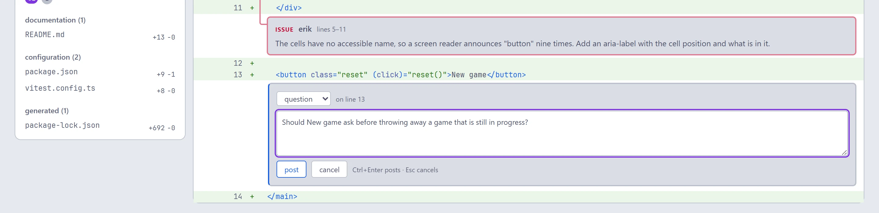 Writing a note in the web review on line 21, with the kind set to issue