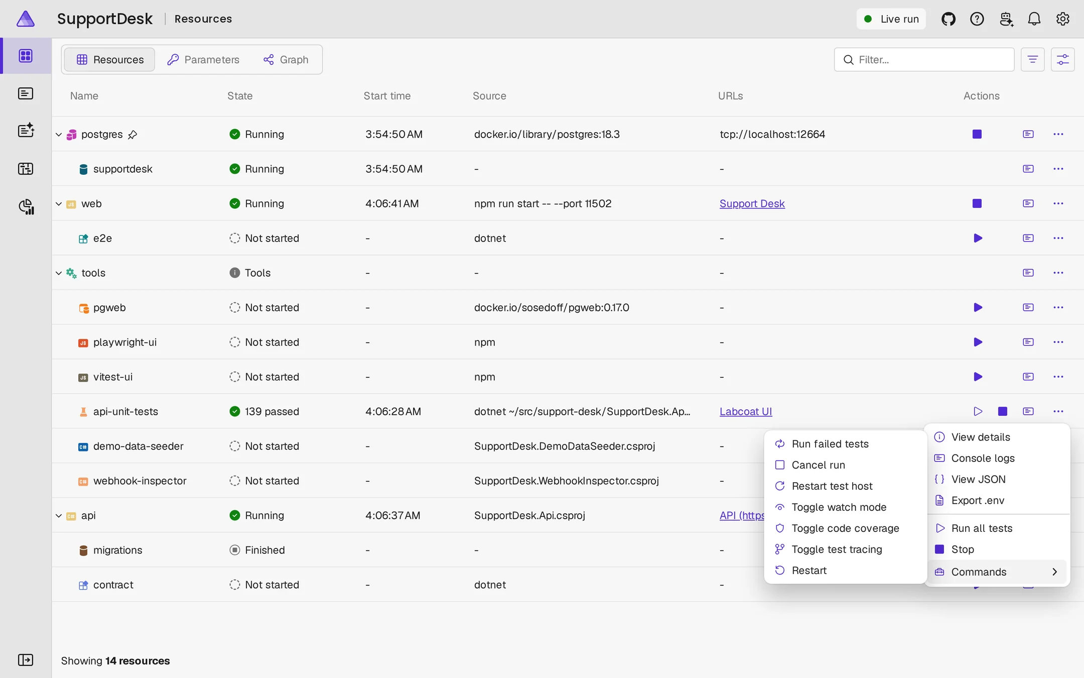 The Labcoat resource api-unit-tests in the Aspire dashboard with 139 tests passed and its commands menu open