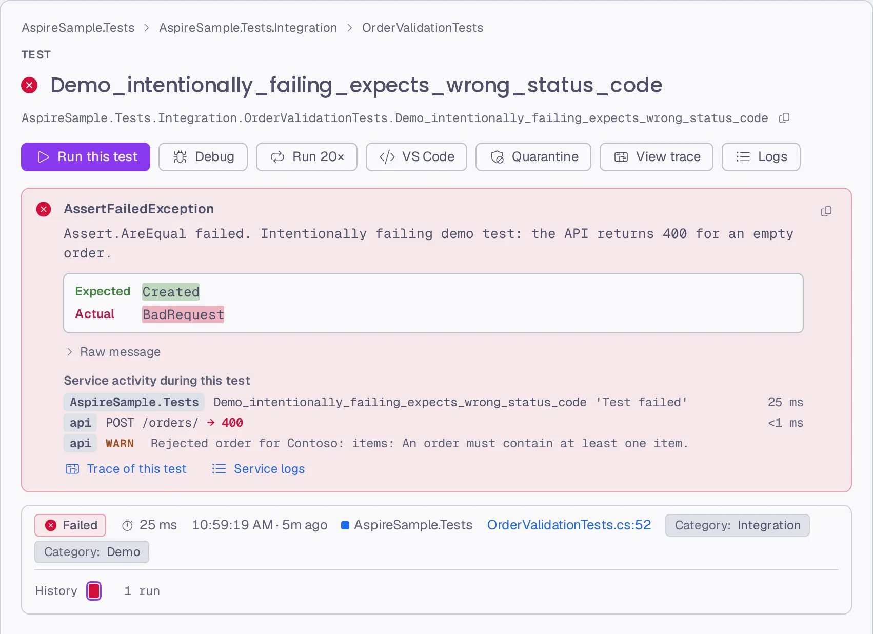 A failed integration test expecting Created but getting BadRequest, with the api service's POST /orders 400 span and its warning log shown under the failure