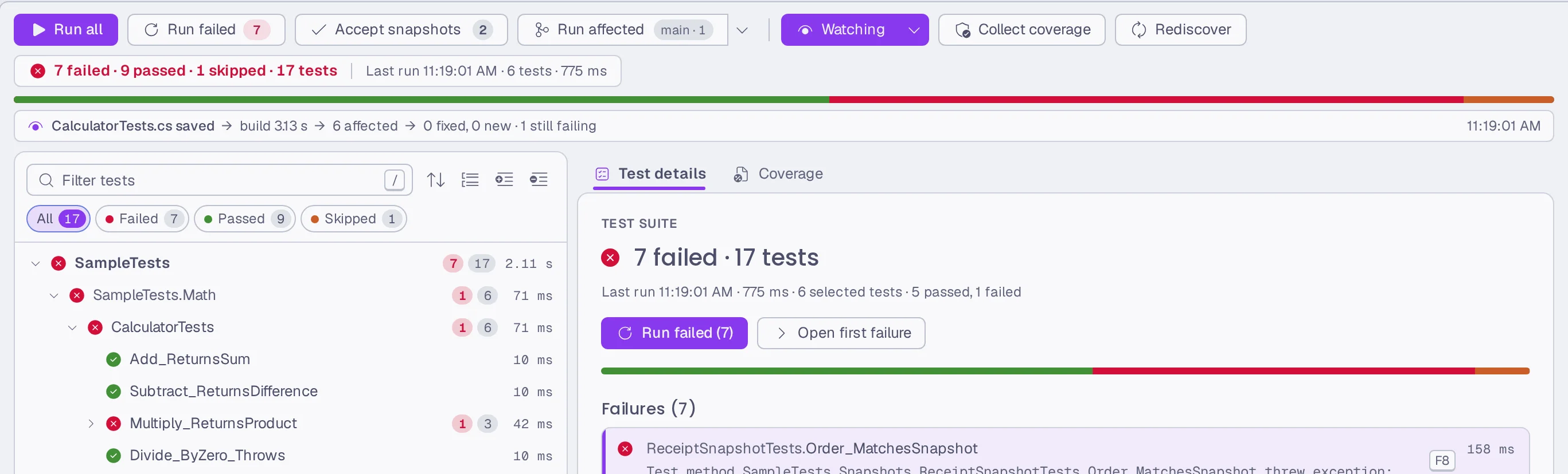 Watch mode after saving CalculatorTests.cs: build, 6 affected tests rerun