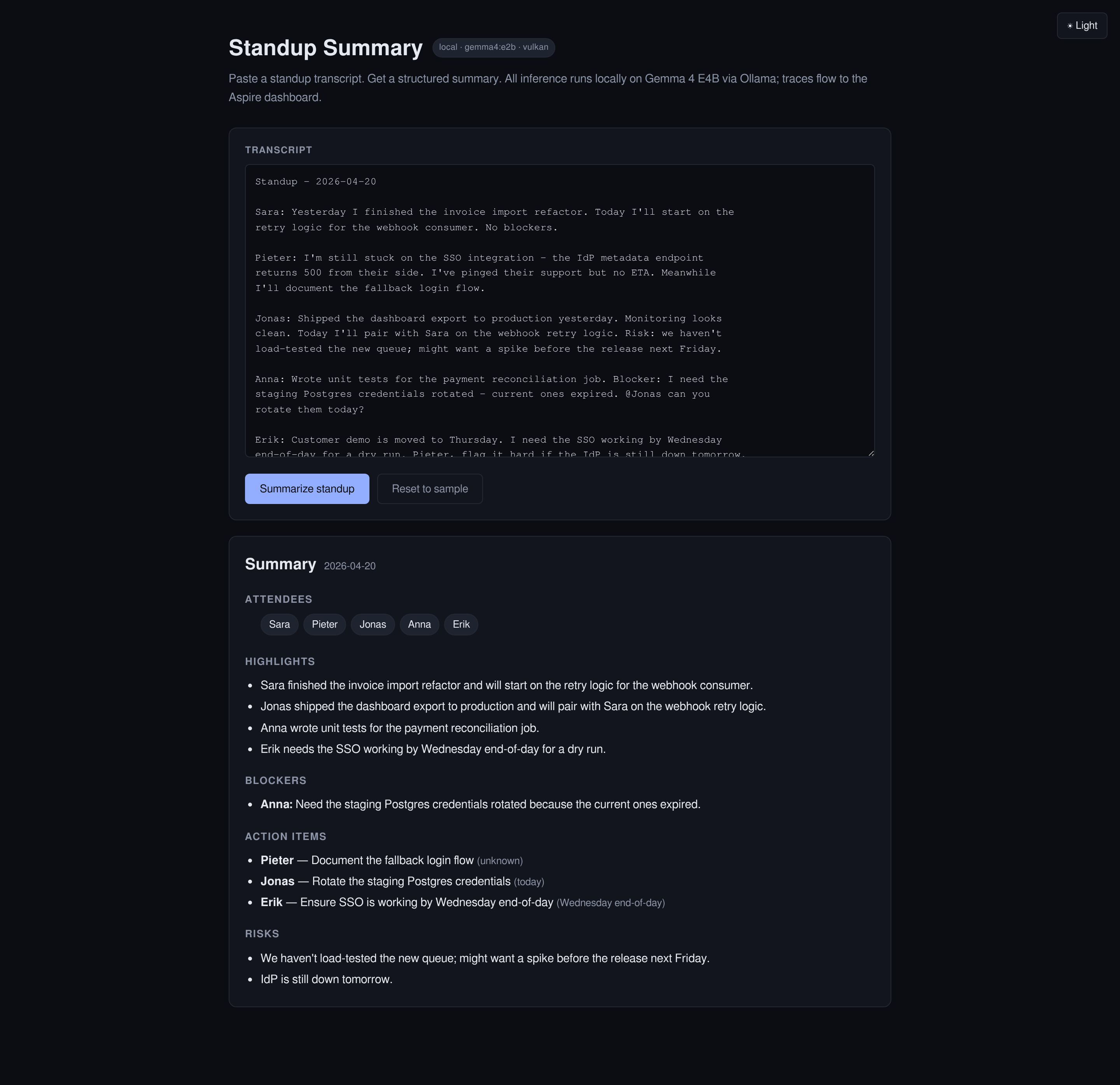Scrum standup summary app showing structured output dark