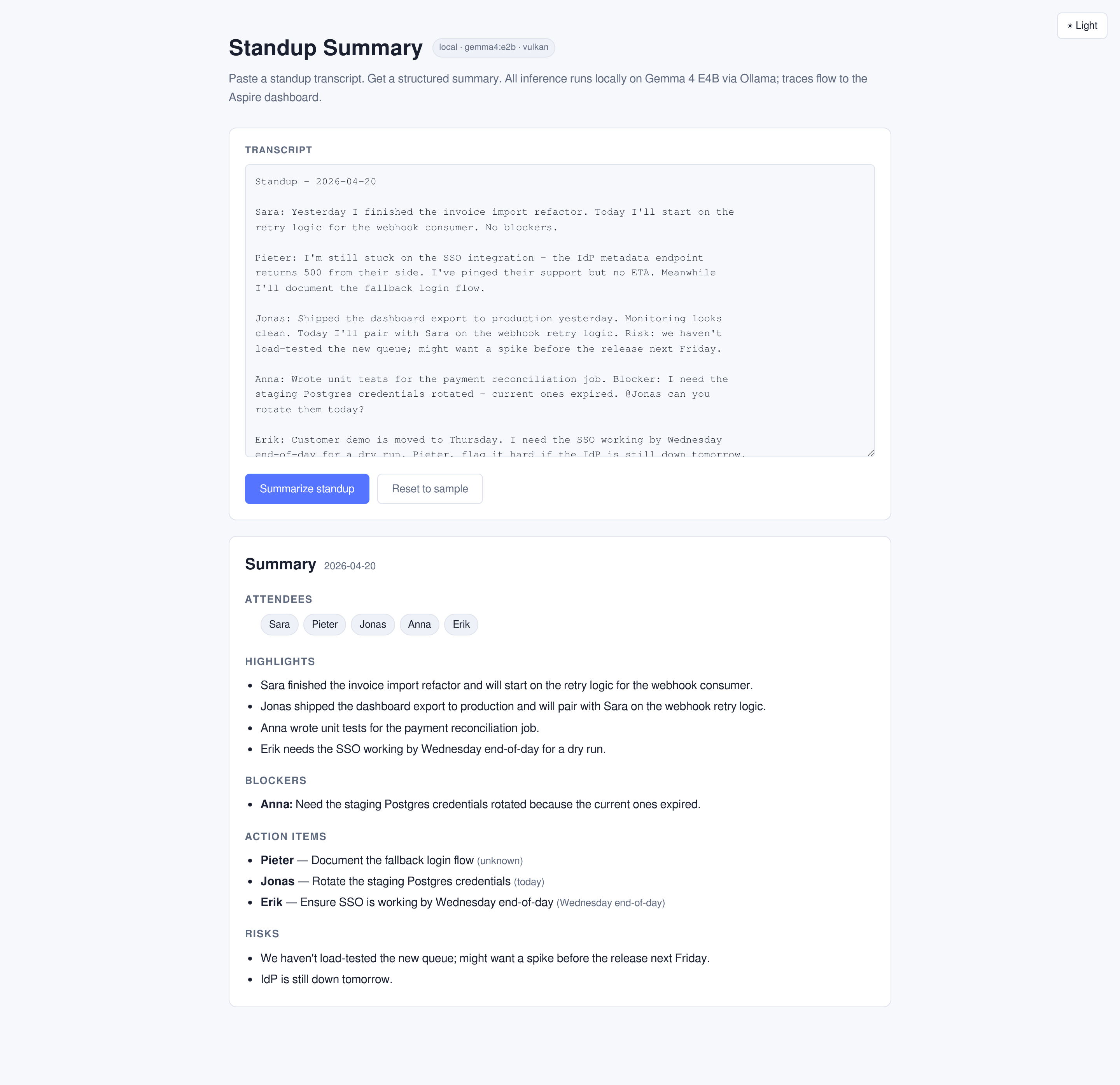 Scrum standup summary app showing structured output