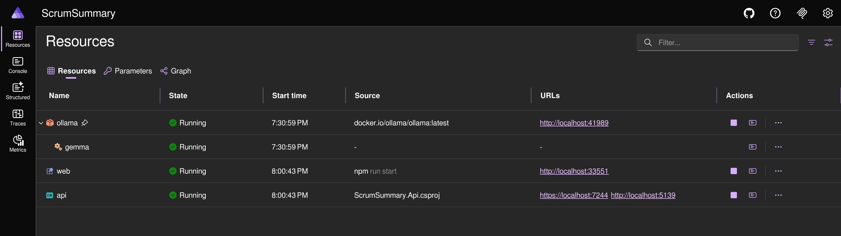 Aspire dashboard resources showing ollama, gemma, api, web all healthy dark