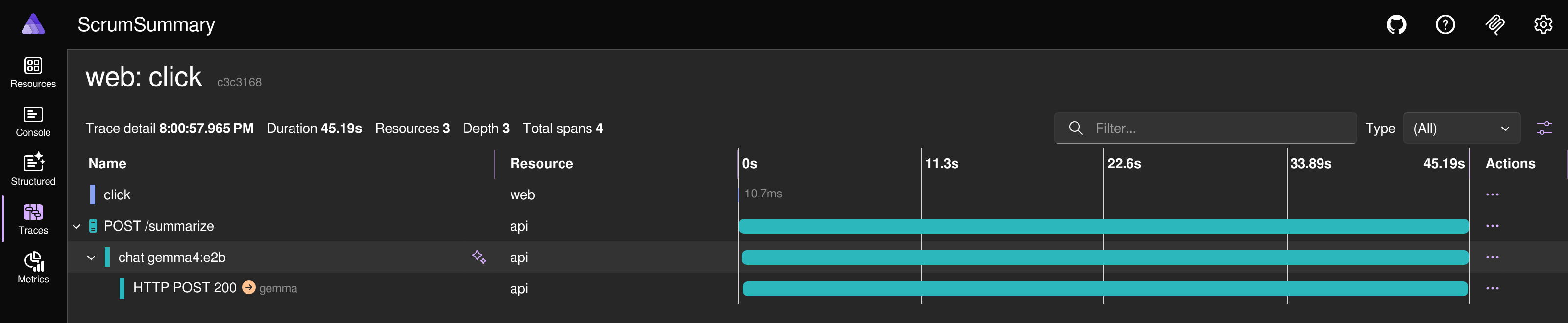 Trace waterfall showing browser click through API to chat gemma4:e2b dark