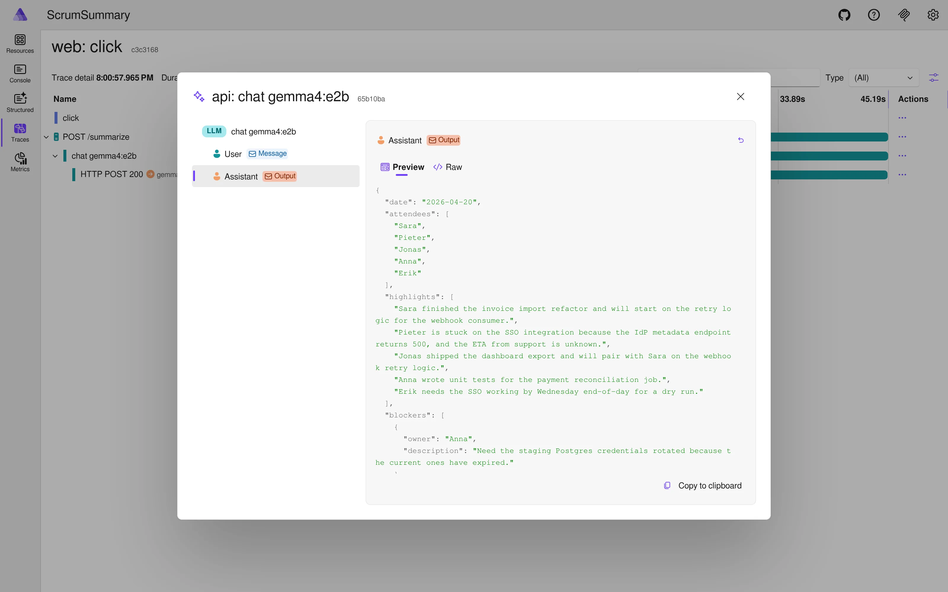 Expanded assistant message showing Gemma's JSON response